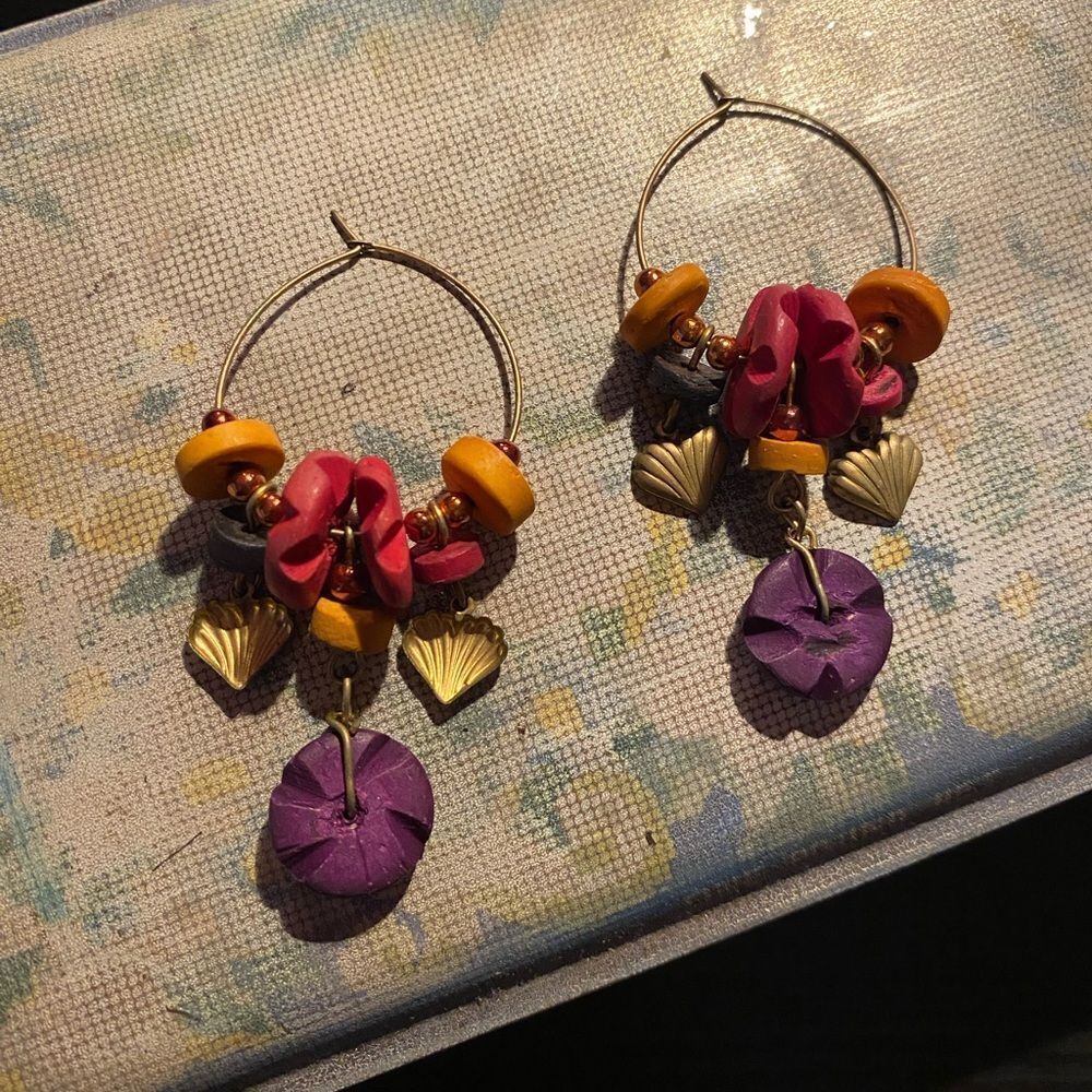 Vintage 1980s Hoop Earrings with Bold Colorful Beads and Charms